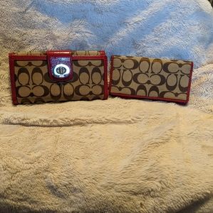 Tan Coach wallet and check holder with red outline